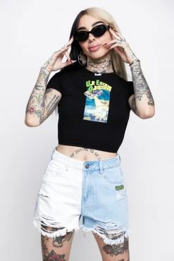 BROKEN PROMISES Womens UFO Cropped Black Tie Top