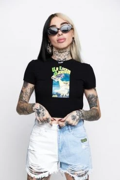 BROKEN PROMISES Womens UFO Cropped Black Tie Top