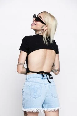 BROKEN PROMISES Womens UFO Cropped Black Tie Top