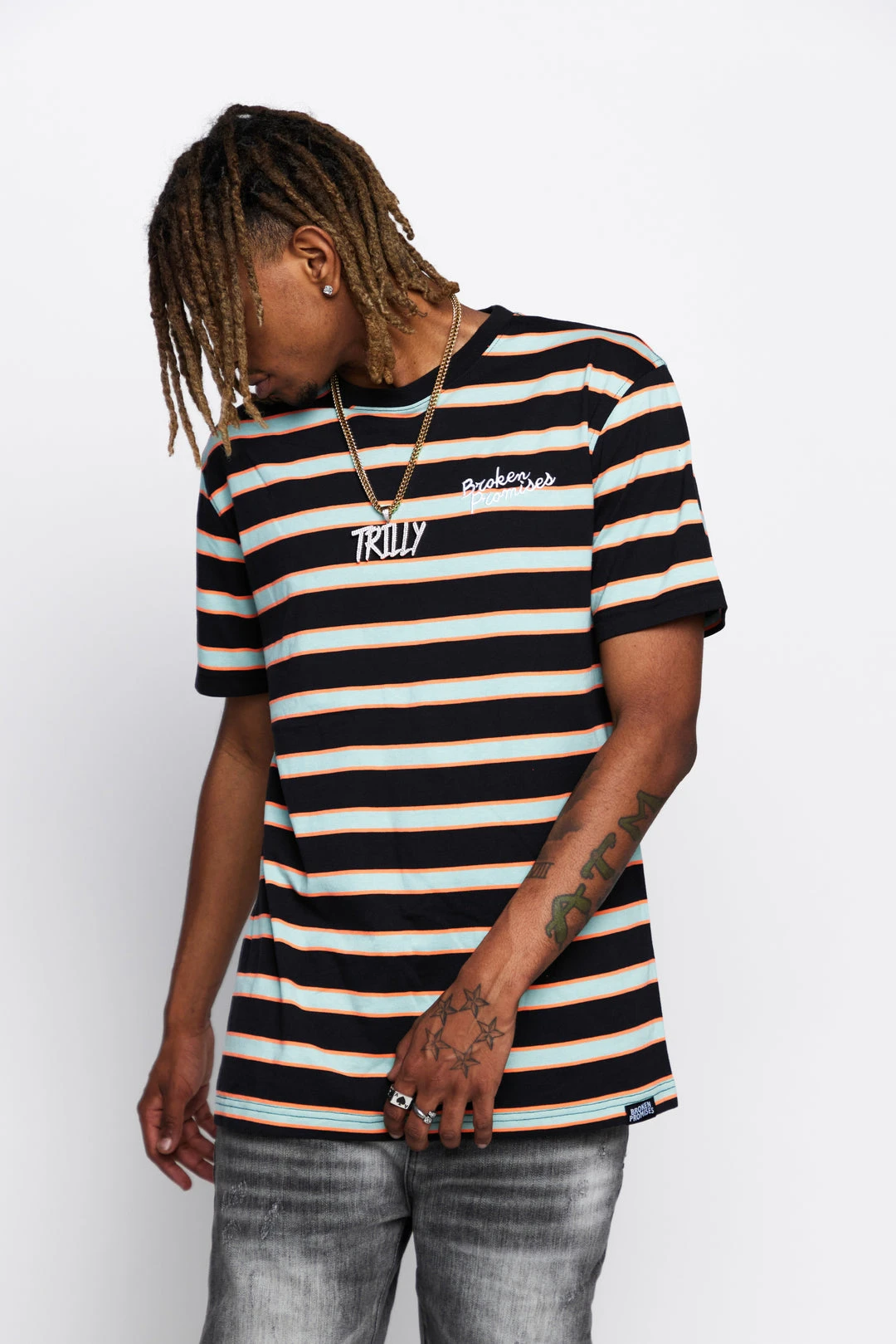 BROKEN PROMISES Shirts Salvage Script Stripe Tee