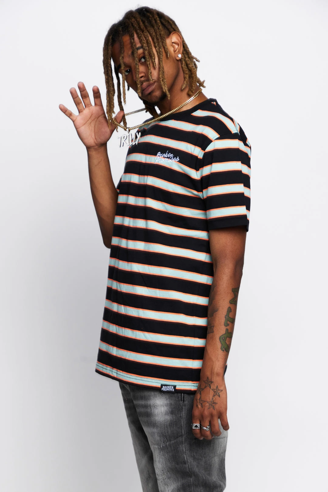 BROKEN PROMISES Shirts Salvage Script Stripe Tee