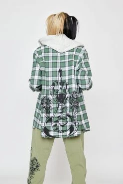 BROKEN PROMISES Fangs Hooded Flannel Green Shirts