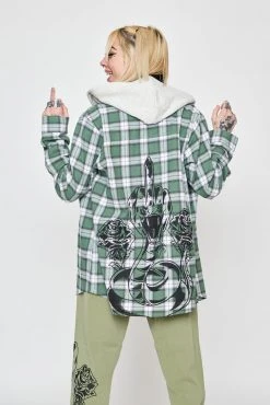 BROKEN PROMISES Fangs Hooded Flannel Green Shirts