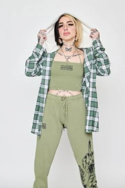 BROKEN PROMISES Fangs Hooded Flannel Green Shirts