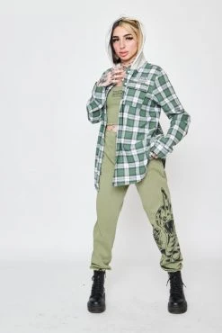 BROKEN PROMISES Fangs Hooded Flannel Green Shirts