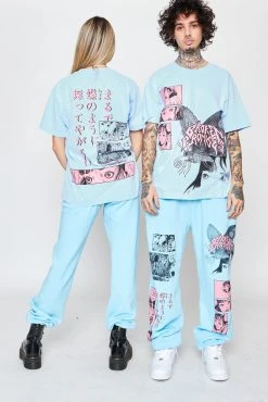 CASH Junji Ito Butterflies Sweatpants Light Blue Bottoms
