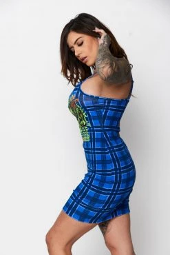 BROKEN PROMISES Leash Plaid Dress Blue