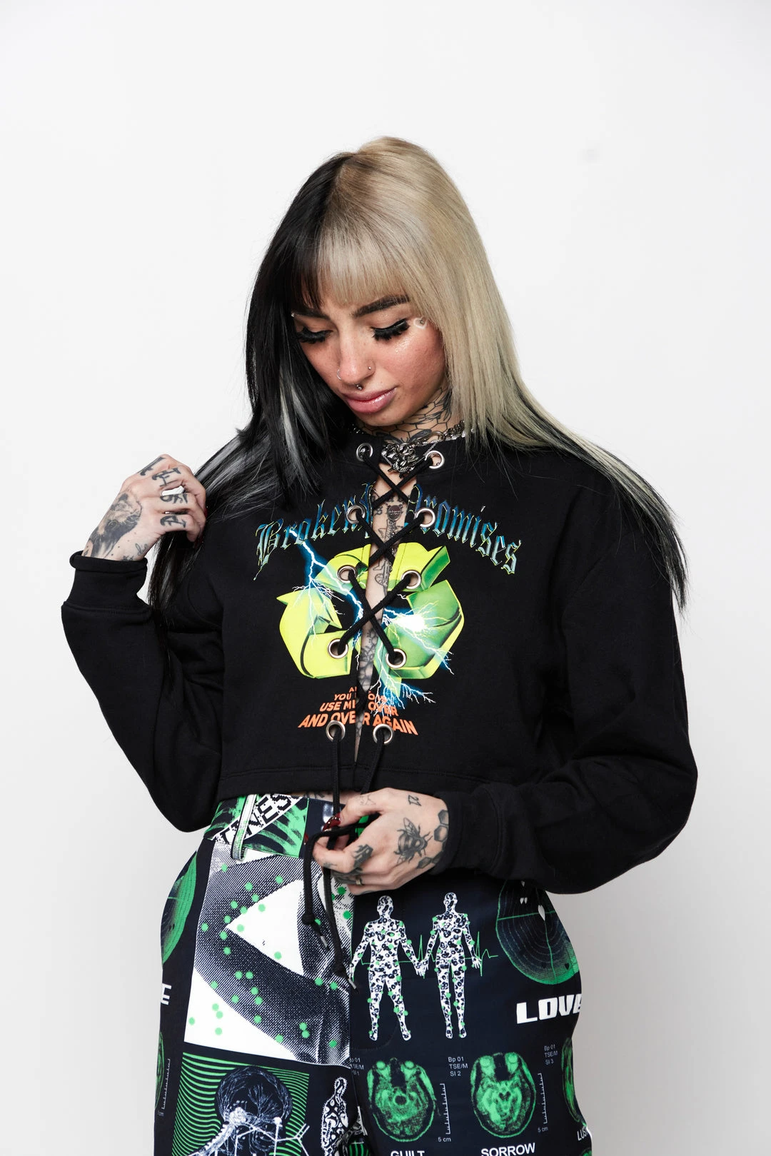 BROKEN PROMISES Garbage Lace Front Crew Sweatshirt