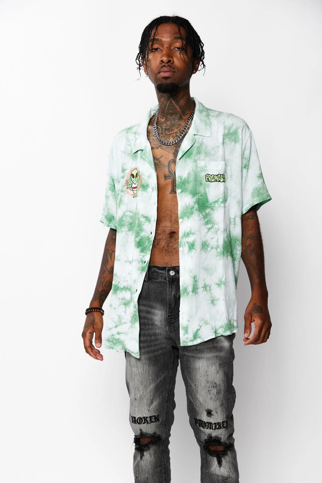 BROKEN PROMISES Outsider Button Up Tie Dye Green