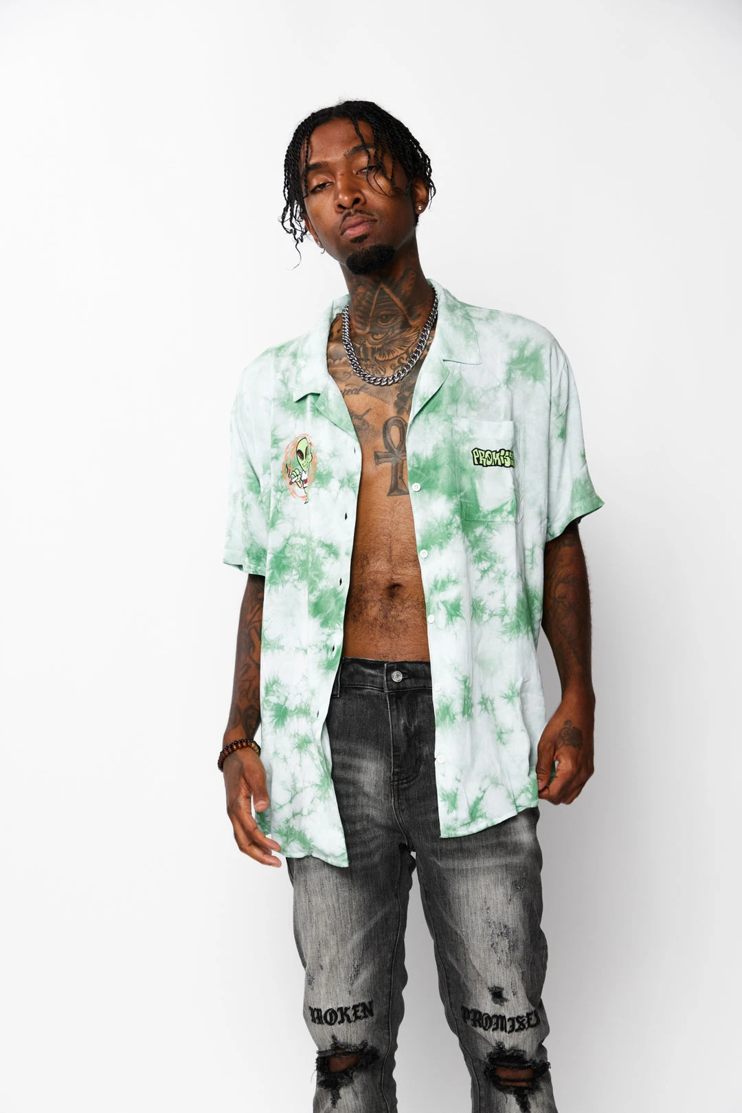 BROKEN PROMISES Outsider Button Up Tie Dye Green