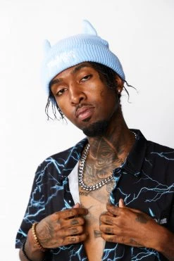 BROKEN PROMISES Graveyard Devil Horn Beanie - Blue Headwear