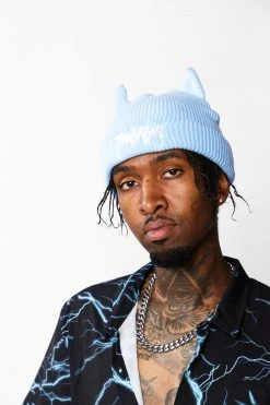 BROKEN PROMISES Graveyard Devil Horn Beanie - Blue Headwear