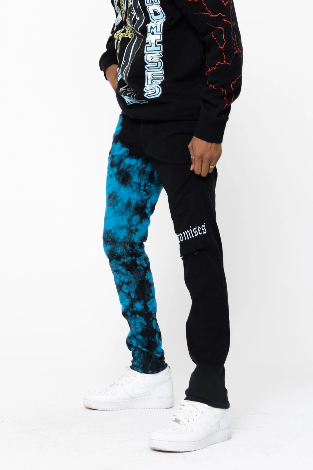 BROKEN PROMISES Slogan Split Dye Denim Blk/Blue