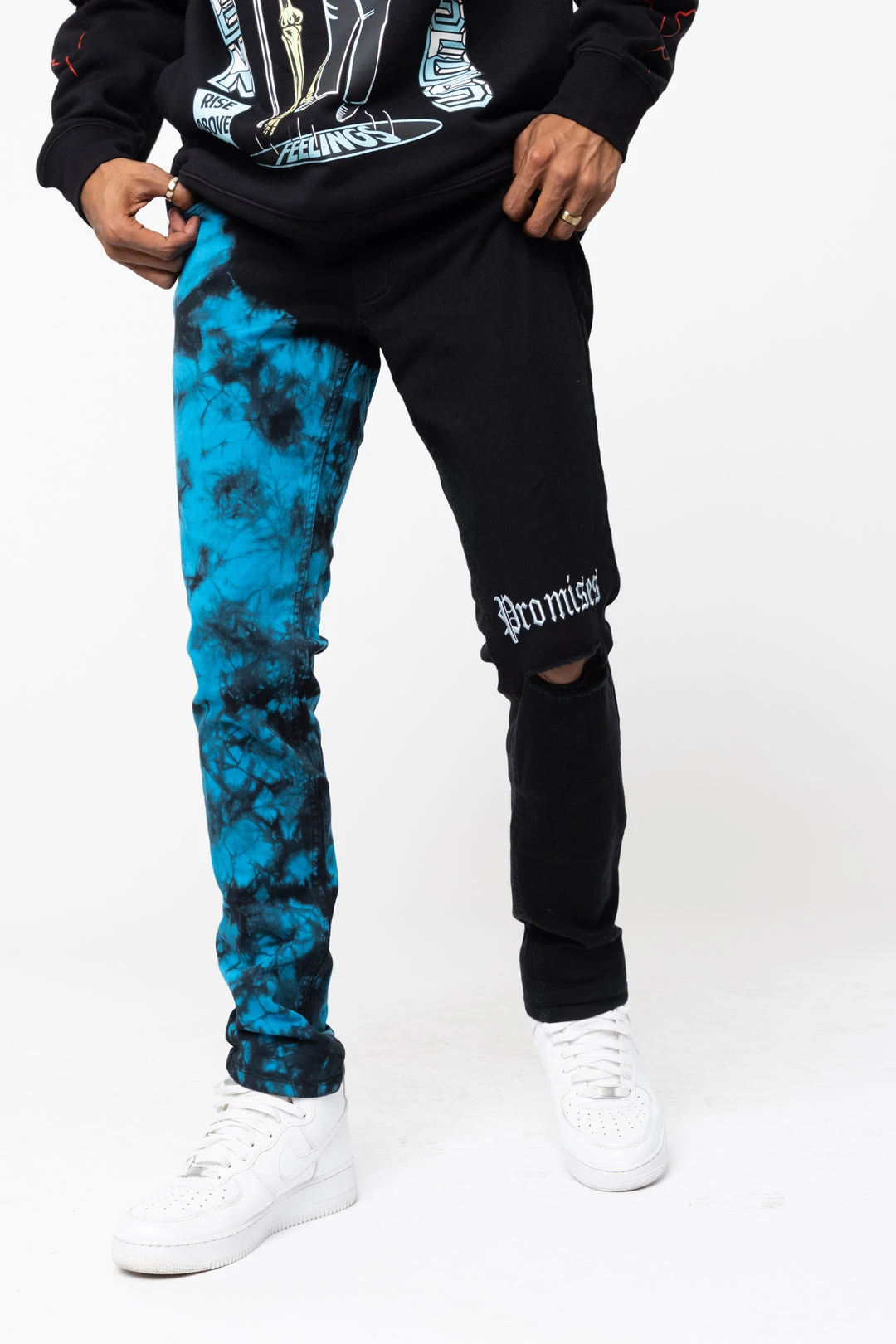 BROKEN PROMISES Slogan Split Dye Denim Blk/Blue
