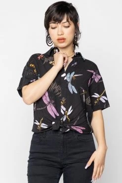 BROKEN PROMISES Womens Dragonflies Tie Front Top Button Up