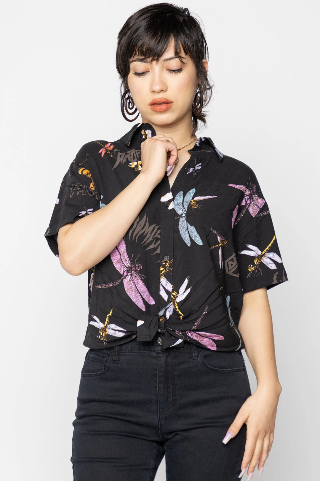 BROKEN PROMISES Womens Dragonflies Tie Front Top Button Up