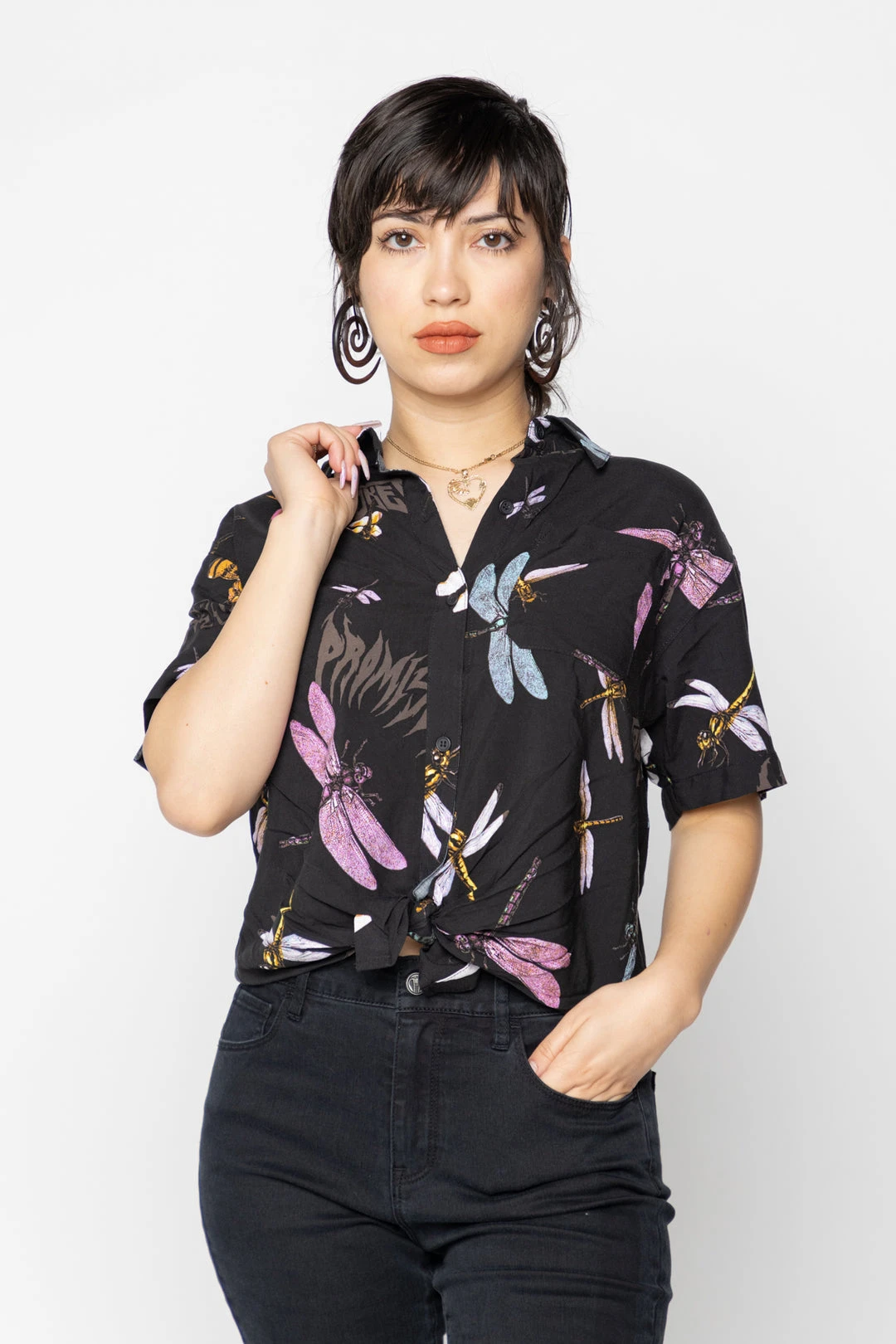 BROKEN PROMISES Womens Dragonflies Tie Front Top Button Up