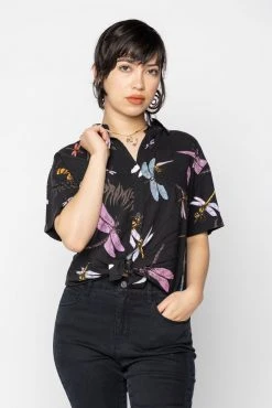 BROKEN PROMISES Womens Dragonflies Tie Front Top Button Up