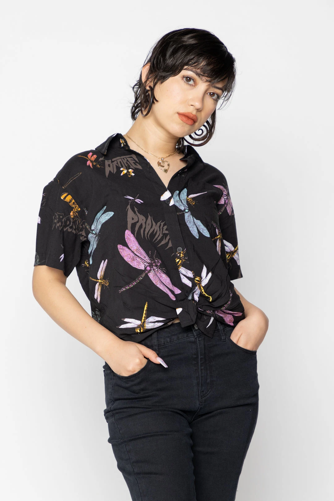 BROKEN PROMISES Womens Dragonflies Tie Front Top Button Up