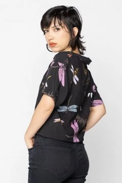 BROKEN PROMISES Womens Dragonflies Tie Front Top Button Up