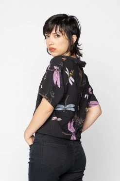 BROKEN PROMISES Womens Dragonflies Tie Front Top Button Up