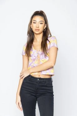 BROKEN PROMISES Womens Scorpion Vines Tie Front Top Purple