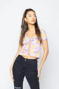 BROKEN PROMISES Womens Scorpion Vines Tie Front Top Purple