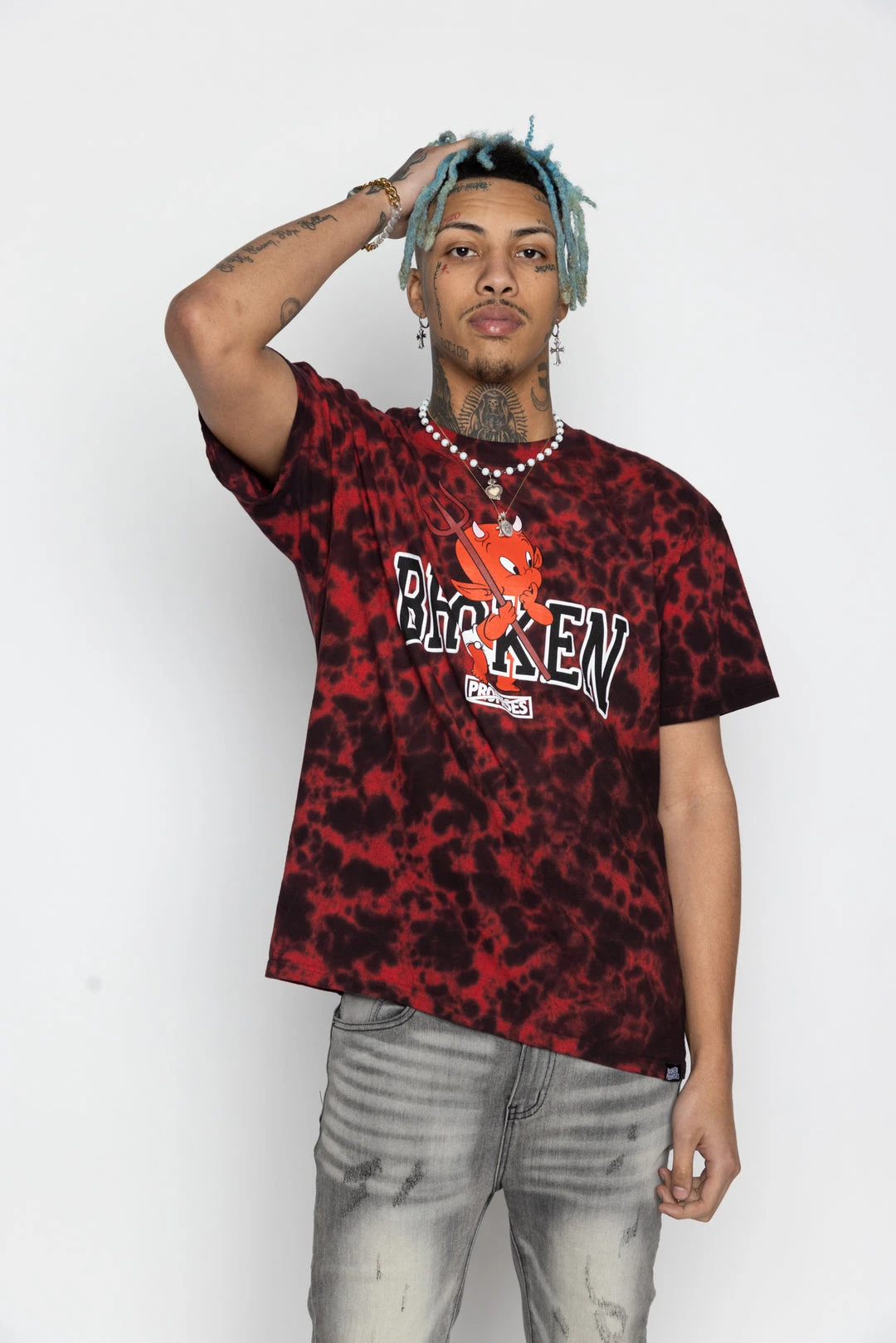 BROKEN PROMISES Curious Tie Dye Tee Red/Blk - BP X Hot Stuff Shirts
