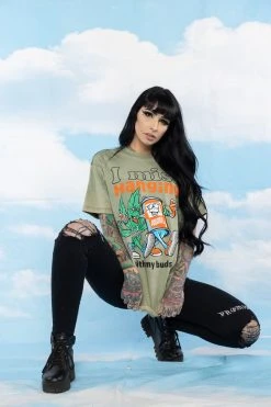 BROKEN PROMISES With My Buds Mineral Wash Olive Tee - BPxYH