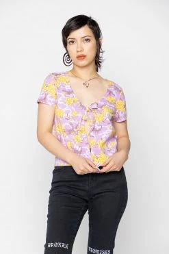 BROKEN PROMISES Womens Scorpion Vines Tie Front Top Purple