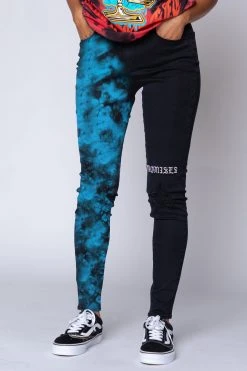BROKEN PROMISES Womens' Slogan Split Dye Denim Blk/Blue Bottoms