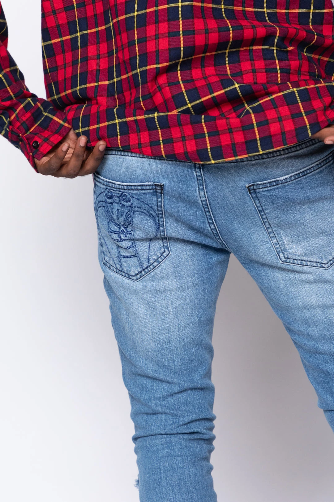 BROKEN PROMISES Stitch & Rip Denim - Medium Blue