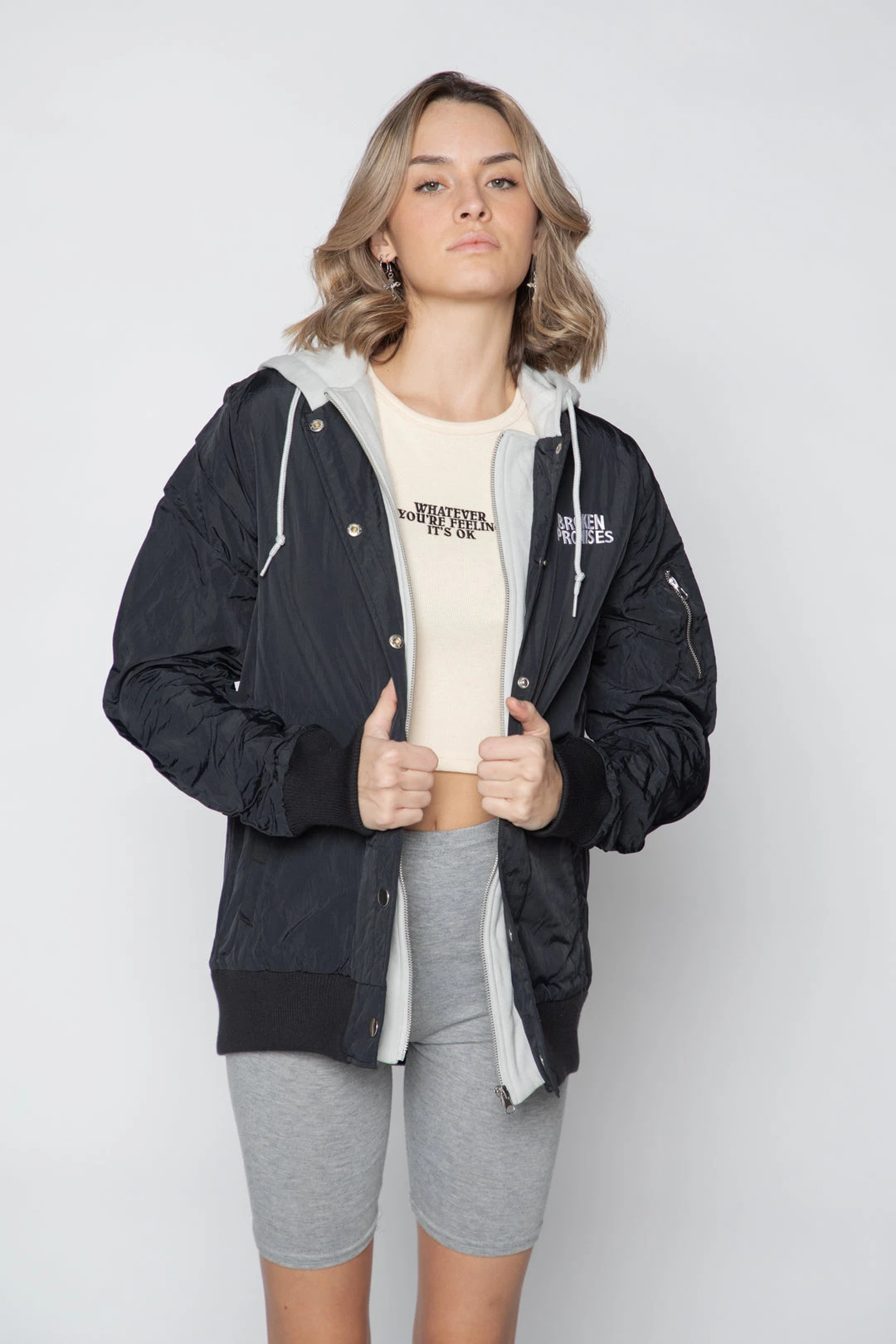 BROKEN PROMISES Wave Logo Layered Bomber Jacket