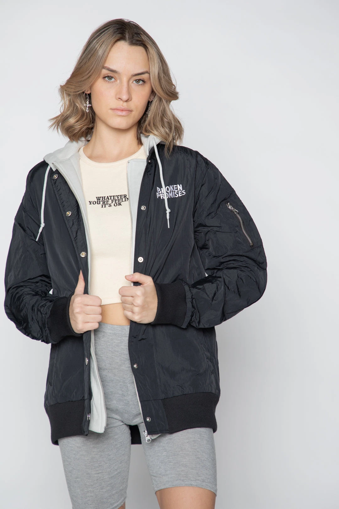 BROKEN PROMISES Wave Logo Layered Bomber Jacket