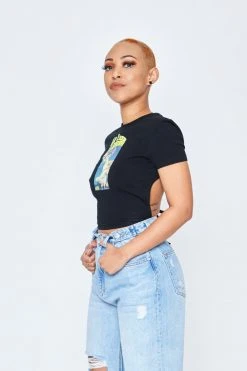 BROKEN PROMISES Womens UFO Cropped Black Tie Top